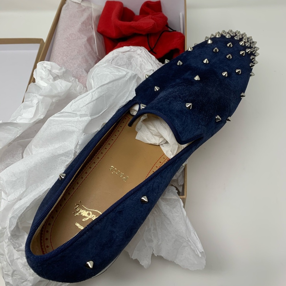 Christian louboutin blue suede spiked loafers